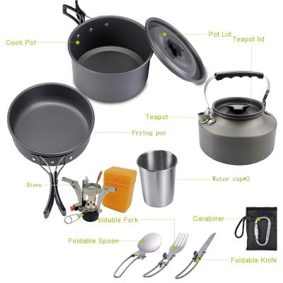 China Outdoor Camping Hiking Outdoor Travel Aluminum Non Stick Camping Easy Cooking Pots Pans And Sets Kettles With Cutlerys And Stove for sale