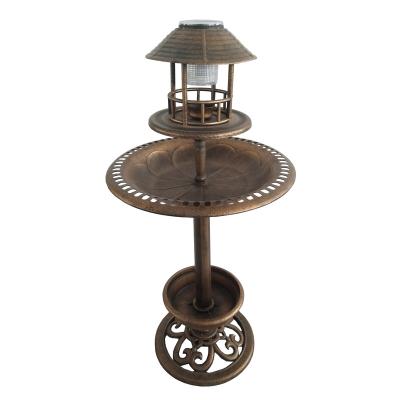 China Weather Resistant Solar Antique Copper Pedestal Vessels Outdoor Fountain and Water Bird Bird Bath with Solar Light for sale