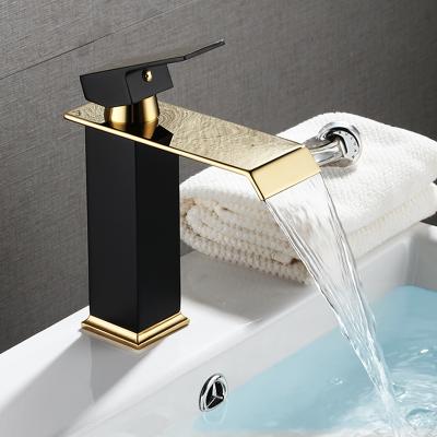 China Modern High Quality New Style Black Gold Color Bathroom Waterfall Basin Faucets for sale