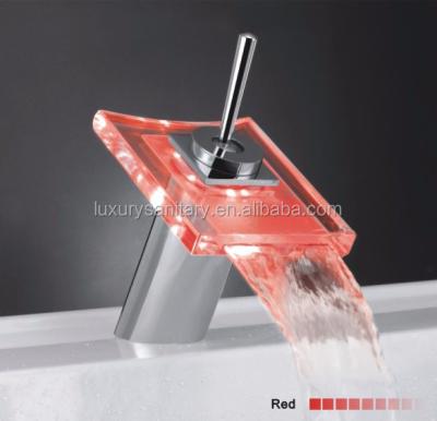 China Electric Faucets 3 Color Change Through Water Temperature Chrome Waterfall Waterfall Basin Faucet Lighting Brass Bacia Glass Shiny Mixer Tap Torneira for sale