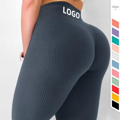 China Custom Logo Manufacturer Gym Tights Antibacterial Leggings Women Ribbed High Waist Seamless Leggings Workout Gym Yoga Pants for sale