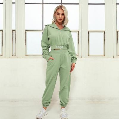 China 2021 Autumn Winter Outfits Women's Breathable Crop Sets Two Piece Jogger Set Zipper Hoodies Loose Jogger Sweatpants Women Jogger Suits for sale