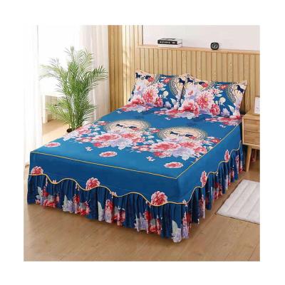 China Wholesale Cheap Colorful Flower Print Decoration Factory Hotel Home Bed Skirt Set With 2 Pillow Cases for sale