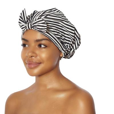 China PVC Stripe Extra Large Black White Bath Turban Customized Viable Waterproof Shower Hat For Woman Hair for sale