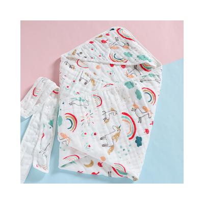 China Cotton Yarn Anti-Static Overlay Printed Muslin Newborn Wrap Cloths Hooded Blanket Wrap Blankets for sale