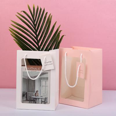 China New Style Materials SY Multiple Kraft Paper Fancy White Pink Design Recycled Packaging Paper Bags With Window for sale