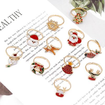 China Eico Cute Gold Plated Christmas Cartoon Zircon Snowman Snowflake Open Adjustable Rings Sets For New Year Party Jewelry Trendy Ring for sale