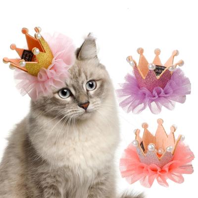 China Viable Hairpin Cat Dog Hair Accessories Pearl Headdress Princess Crown Lace Pet Birthday Pet Hat for sale