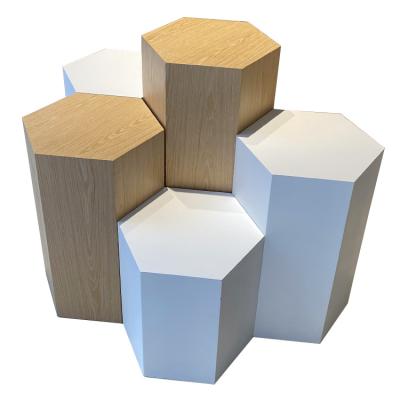 China Eco-friendly Custom Acrylic Wooden Hexagon Pedestal Display Stand For Wedding Show for sale