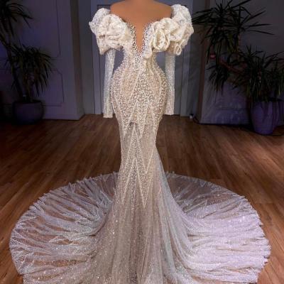 China Jancember RSM67280 Anti-Static Long Sleeve Beading Simple Sequin Mermaid Women Wedding Dress for sale