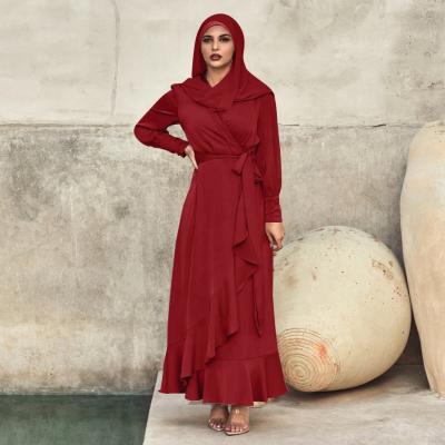 China Modest Muslimah Styling LSM339 Solid Color Lace Long Dress Irregular Ruffled Abaya Muslim Women Long Dress for sale