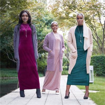 China Modest Muslimah Styling LSM139 Solid Color Knit Medium Length Cardigan Muslim Clothing for sale