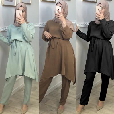 China Modest Muslimah Styling LSM135 Islamic Clothing Muslim Abaya Women Simple Lace Up Solid Color Dress Suit for sale