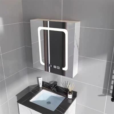 China Modern single door toilet mirror cabinet LED bathroom vanity mirror cabinet with LED clock temperature and anti-mist function for sale