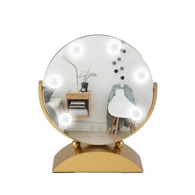 China Gold 360 Dimmable LED Lighted Round Swivel Lit Vanity Mirror Lighted Vanity Mirror Hollywood Mirror With Light Blubs for sale