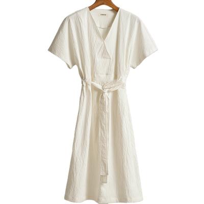 China Viable EVERGLOW-made Modal Drawstring V-Neck Pleat Cotton Corduroy Short Sleeves Long Style Ladies Dresses in White for sale