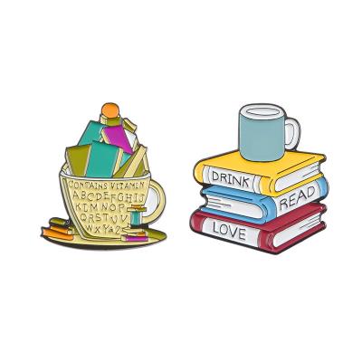 China Cute Customization Coffee Brooch Europe Comic Book Love Drinking Enamel Badge Reading Clothes Enamel Lapel Pin for sale