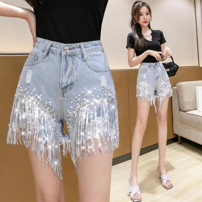 China 2023 Fashion Streetwear Korea High Waist Women's Viable Ripped Rhinestone Beaded Sequin Fringed Tassel Denim Ladies Jeans Shorts for sale