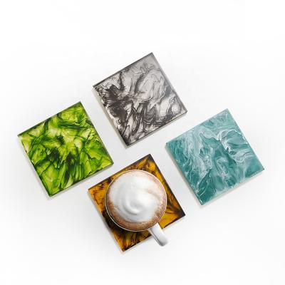 China Suanti 4PCS Polyersin Resin Coaster Marble Swirl Table Wine Coasters Custom Square Viable Hotel Luxury Resin Coaster Set for sale