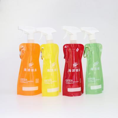 China Recyclable Portable Single Color Spray Trigger Bottle Folding Packaging Pouches Stand Up Sprayer Bag for sale