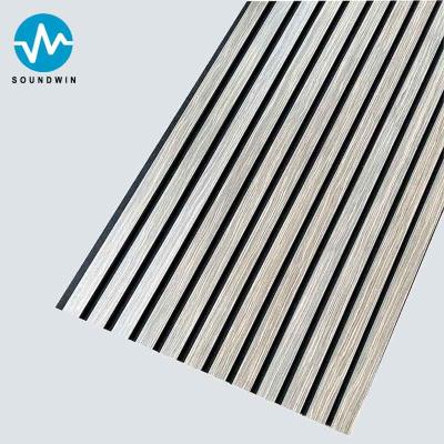 China Acoustic Slat Wooden Wall Panels With Black Felt Grey Oak Wood For Hotel Room for sale