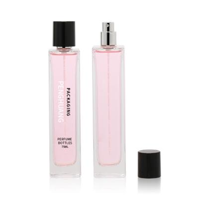 China High Quality Square Shape Unique Perfume Clear 75ml Pink Color Oil Perfume With Aluminum Mist Spray for sale