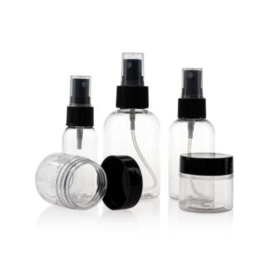 China Personal Care Cosmetic Packaging Plastic PET Cream Jars Container Travel Lotion Spray Bottle Set Personal Care Cream Jar With Black Lid Amazon for sale