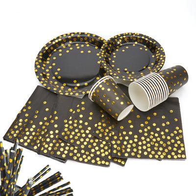 China Disposable Napkin Straw Tableware Gold Disposable Party Black Amazon Hotel Paper Plate Cup Set for sale