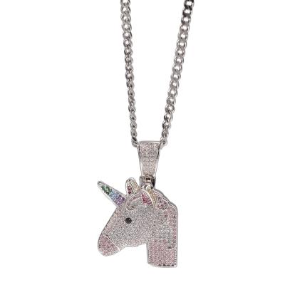 China New Dreamy Hiphop Unicorn Pendant Full Of Zircon Rainbow Pony Personality Trendsetting Necklace Hip Hop Border Jewelry for sale