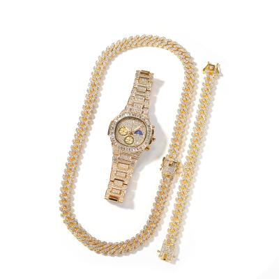 China As Picture Shows Dorp Fashion Diamond Watch Jewelry Set 12Mm Shipping Gold Plated Necklace Bracelet Mens Hip Hop Set for sale