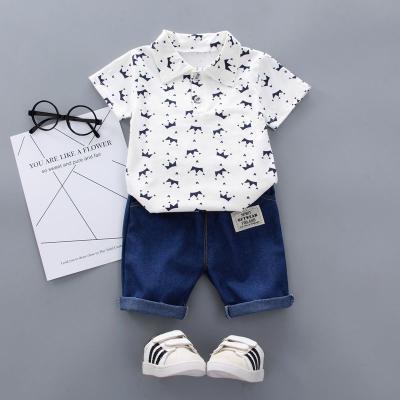 China Summer Baby Boy Casual Shirt Jeans Pants Set Crown Pattern Short Sleeve Shirt Blouse Shorts Casual Outfits Kids Cool Boy Summer Clothes for sale