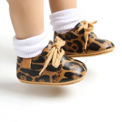 China High Grade Breathable Newborn Leopard Baby Boy PU Lace-up Soft Non-slip Sole Toddler Walking First Walking Shoes for sale