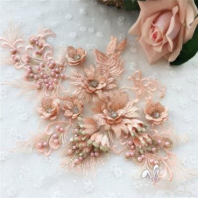 China Bridal 3d pearl lace applique with pearls, heavy embroidered 3d flower applique, embroidered lace applique for sale