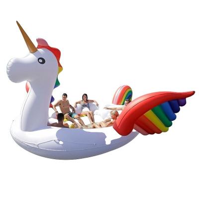 China Custom Commercial Aufblasbare schwimmende Insel riesige 6 Personen Einhorn Party Insel 500 * 420cm zu verkaufen