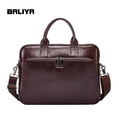 China BALIYA GENUINE LEATHER Men Oil Wax Brown Genuine Leather Business Briefcase Men Laptop Bag for sale