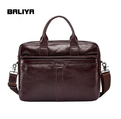 China BALIYA Brown GENUINE LEATHER Men Oil Wax Leather Laptop Bags Men Business Briefcase Handbag for sale