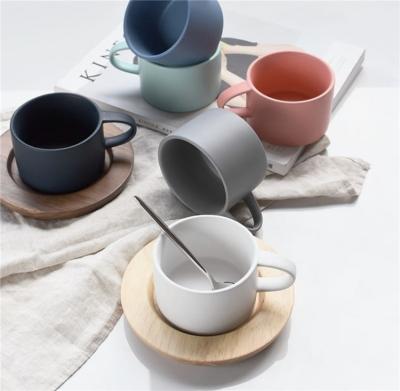 China Wholesale Reusable Simple Colorful Nordic Disposable Coffee Cups Ceramic Matte Tea Cup With Wooden Tray for sale