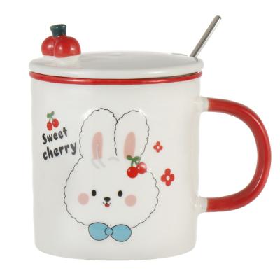 China New Product Viable Cute Rabbit Pattern Bright Glazed Ceramic Coffee Mug With Lid Stainless Steel Ceramic Spoon for sale