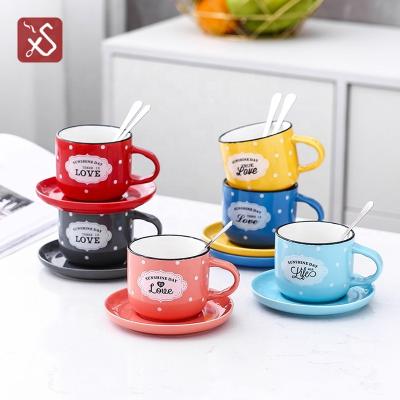 China Stocked Restaurant Color Glazed Ceramic 12 Pcs Tea Coffee Cups / Cup Saucer With Spoon For 6 Person for sale