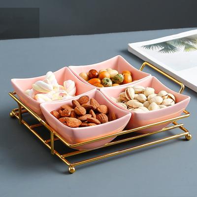 China Cheap Custom Colorful Disposable Factory Snacks Nuts Candy Dishes Set 4pcs Glazed Snack Dish Ceramic Serving Dish With Iron Frame for sale