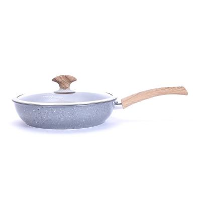 China Sustainable Europe Design Marble Non Stick Deep Liner Pop Up Pan With Wood Effect Handle And Glass Cover for sale