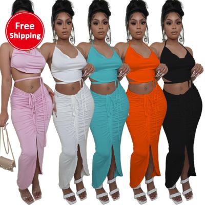 China Free shipping/dorp QUICK DRY shipping European and American women's clothing solid color halter halter drawstring two-piece set for sale