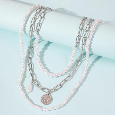 China European and American hot-selling fashion coin creative main pendant female trend multilayer necklace pearl necklace for sale