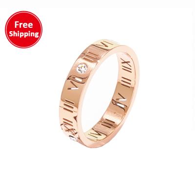 China Hot European and American Roman numerals style fashion steel 18K titanium rose gold with hollow single diamond couple ring for sale