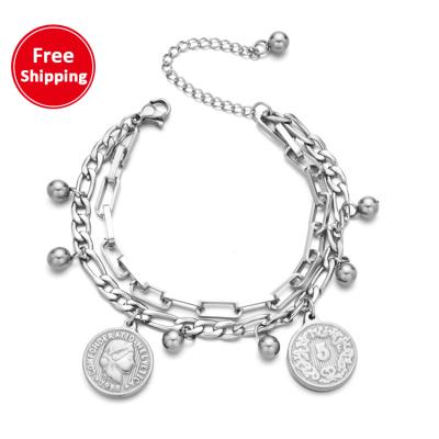 China Fashion European and American 18K Adjustable Steel Girls' Titanium New Double Pendant Bracelet for sale