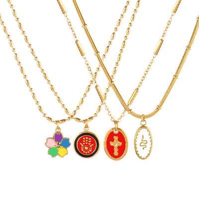 China Simple Flower Necklace Europe and America Stainless Steel Pendant Gold Plated Snake Charm Colorful Oil Painting Enamel Necklace For Women for sale