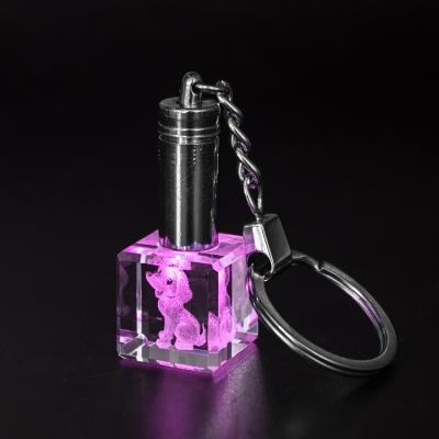 China Promotional wholesale custom 3d crystal logo cube LED flashlight square gift crystal key chain for sale