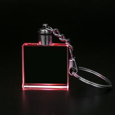 China Hot sale business souvenir k9 clear personalized square crystal glass key chain led perfume bottle light crystal key chain for gifts for sale