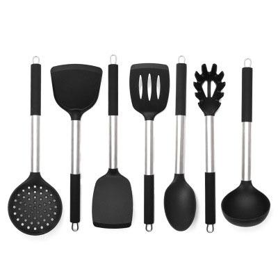 China Sustainable 7 Pieces Silicone Stainless Steel Utensils Set Cooking Tool Kit Kitchen Instrument Soup Spoon for sale