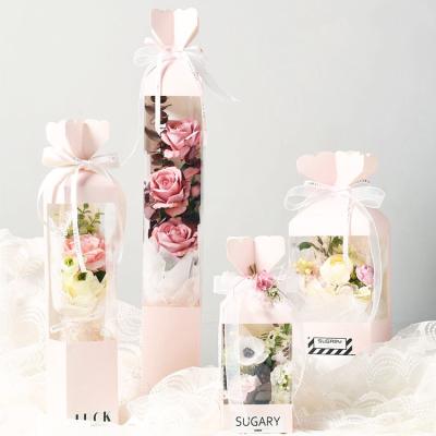 China Recycled Materials Clear PVC Flower Bouquet Carry Bag Mother Day Gift Paper Flower Packaging Box for sale